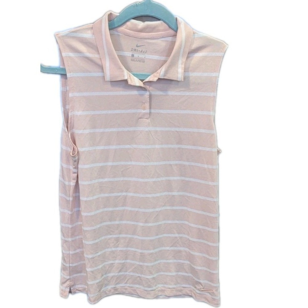 Nike Dri Fit Women's L Victory Polo Shirt Striped Pale Pink sleeveless Logo Golf